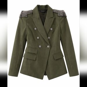 Bebe X Ciara Size 2 Studded Shoulder Double Breast Green Women's Tailored Blazer